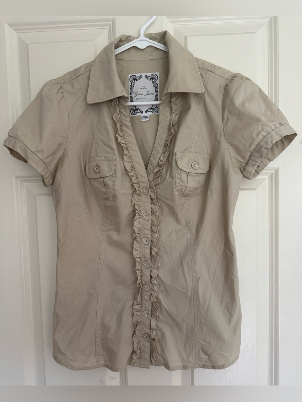 Y2K Guess Jeans‎ beige short sleeve button up ruffle detail blouse shirt women M